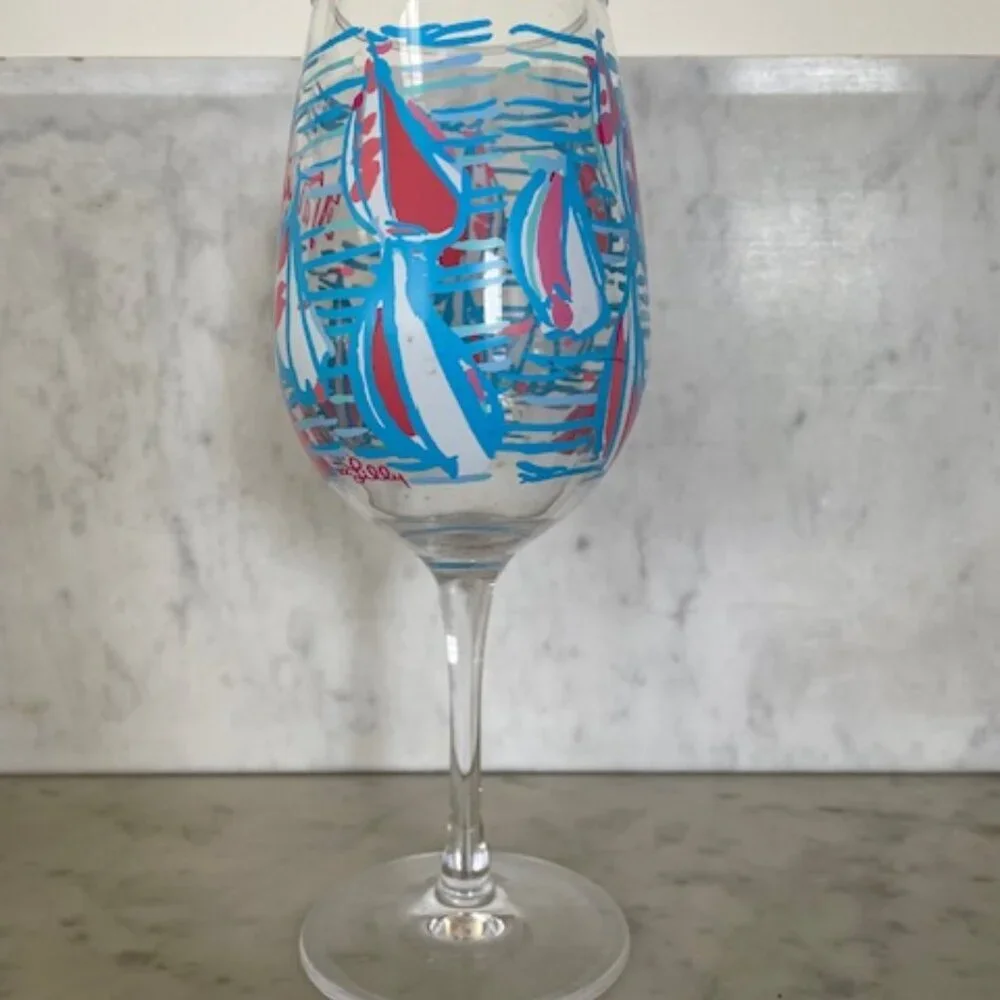 LILLY PULITZER Get Nauti Acrylic Wine Glass Goblet Blue White Pink Sailboat